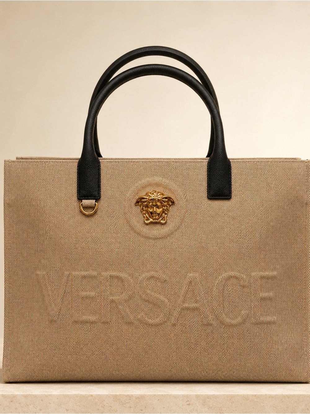 New with Tag! Authentic Versace La Medusa Beige Canvas Tote with Black Handles